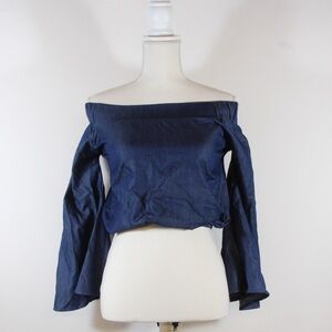 Touch Me Off-Shoulder Blue Bell-Sleeve Crop Blouse NWOT